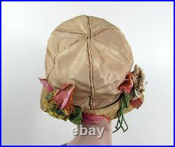 1920s-30s Tan Satin Cloche w Straw Brim flowers & ribbon trim