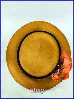 1920s Antique fine straw green satin + apricot flower summer hat wonderful