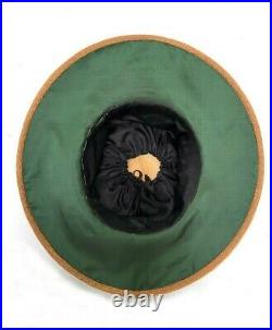 1920s Antique fine straw green satin + apricot flower summer hat wonderful