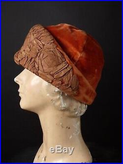 1920s Burnt Orange Velvet & Silk Helmet Cloche