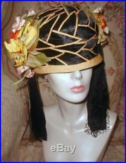 1920s Egyptian Oriental Inspired Cloche Hat w Leaves, Tassels, Flowers Kokoshnik