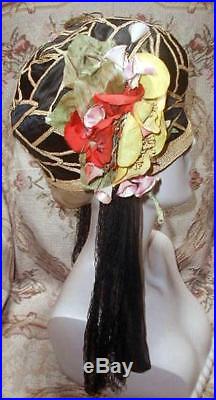 1920s Egyptian Oriental Inspired Cloche Hat w Leaves, Tassels, Flowers Kokoshnik