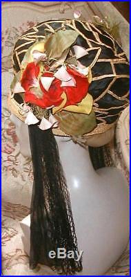 1920s Flapper Cloche Hat w Silk & Straw Leaves, Tassels, Flowers Oriental Sz Large