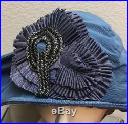 1920s Gatsby Era Large Brimmed Blue Faille And Ribbon Work Cloche Size Med-Lg