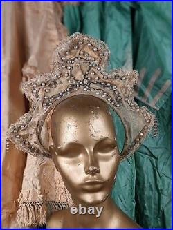 1920s Metallic Gold Rhinestone & Pearl Showgirl Headpiece Crown