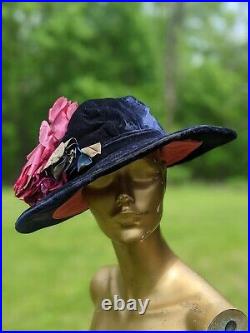 1920s Purple Silk Velvet Hat W Large Silk Flower Trims