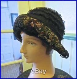 1920s Rare Flapper Cloche Hat Black Ruffled Netting Over Colorful Silk Flowers