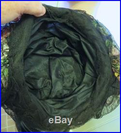 1920s Rare Flapper Cloche Hat Black Ruffled Netting Over Colorful Silk Flowers