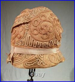 1920s Vintage Paige Straw Cloche Hat with Rose Gold & Silver Toned Braid
