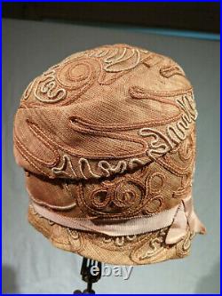 1920s Vintage Paige Straw Cloche Hat with Rose Gold & Silver Toned Braid
