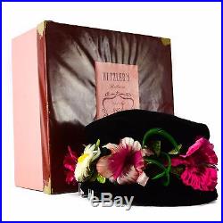 1930 Hutzler's Womens Hat Black Velvet Bucket Floral Flowers Vintage Antique