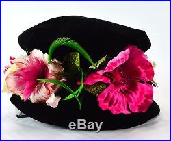 1930 Hutzler's Womens Hat Black Velvet Bucket Floral Flowers Vintage Antique