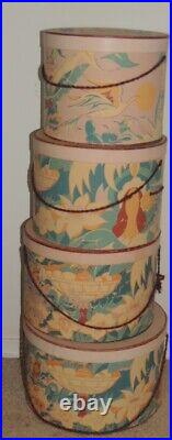 1930's 1940's Nesting set of 4 Tropical / Hawaiian Print Wall Paper Hat Boxes