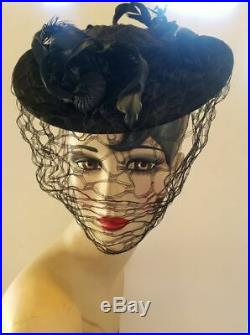 1930's to Early 1940's Vintage Black Wool Tilt Hat Excellent Condition