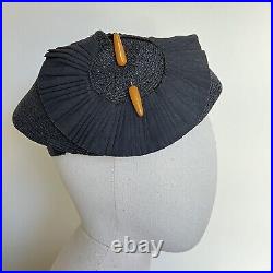 1930s 1940s Asymmetrical Tilt hat Bakelite Pin Black Straw Fascinator Vintage