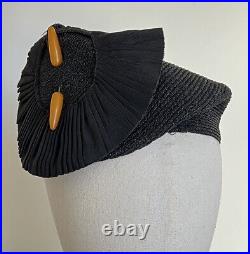 1930s 1940s Asymmetrical Tilt hat Bakelite Pin Black Straw Fascinator Vintage