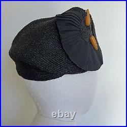 1930s 1940s Asymmetrical Tilt hat Bakelite Pin Black Straw Fascinator Vintage