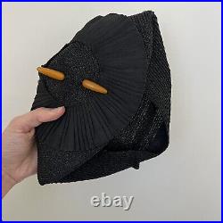 1930s 1940s Asymmetrical Tilt hat Bakelite Pin Black Straw Fascinator Vintage