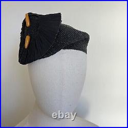 1930s 1940s Asymmetrical Tilt hat Bakelite Pin Black Straw Fascinator Vintage