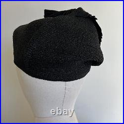 1930s 1940s Asymmetrical Tilt hat Bakelite Pin Black Straw Fascinator Vintage