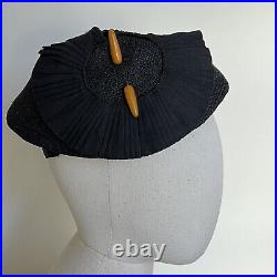 1930s 1940s Asymmetrical Tilt hat Bakelite Pin Black Straw Fascinator Vintage