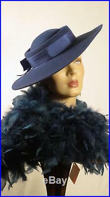 1930s 1940s Style Platter Hat Blue Wool Wide Brim Adolfo II NY Paris Sz 7 #1245
