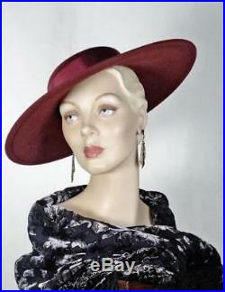 1930s 1940s Style Platter Hat Burgundy Wool Wide Brim Sonni Sz 7 #1244