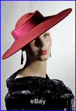 1930s 1940s Style Platter Hat Burgundy Wool Wide Brim Sonni Sz 7 #1244