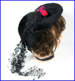 1930s B Altman Co Hat Furfelt Mohair Womens Black Pink Ribbon Made in Austria