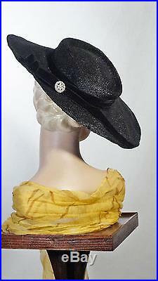 1930s Hat Wide Brim Black Cartwheel Pancake Old Hollywood Glamor Sz 7