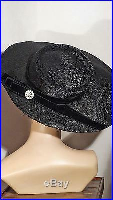 1930s Hat Wide Brim Black Cartwheel Pancake Old Hollywood Glamor Sz 7
