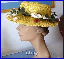 1940-1950`s Happy Sweet Yellow Straw Hat Neiman Marcus w Strawberries & flowers