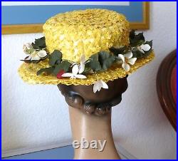 1940-1950`s Happy Sweet Yellow Straw Hat Neiman Marcus w Strawberries & flowers