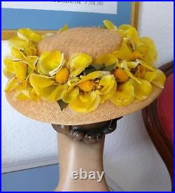 1940-1950`s Henry`s Panama Straw Hat with Large Yellow silk Flowers