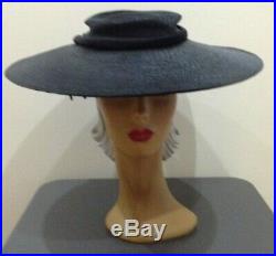 1940/50s'Haggartys' OTT Wide Brim Fine Woven Black Hat with Satin Band & Trails