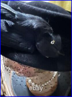 1940 Black VELOUR HAT Feathers BIRD UNWORN original PRICE TAG ATTACHED OLD STOCK