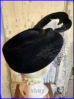 1940 Black VELOUR HAT Feathers BIRD UNWORN original PRICE TAG ATTACHED OLD STOCK