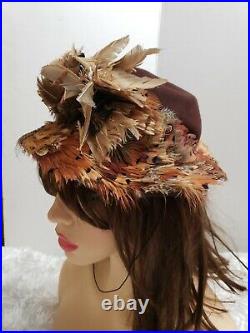 1940 Vogue Hat by Garfunkel For Nancy's Hollywood Brown Hat with Feather Trim
