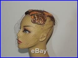 1940's / 1950's Bes Ben Small Fabric Hat w Gold Feathers