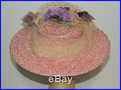 1940's 1950's Mme Poswolsky Large Brim Pink Hat w Hummingbirds
