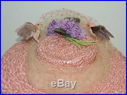 1940's 1950's Mme Poswolsky Large Brim Pink Hat w Hummingbirds