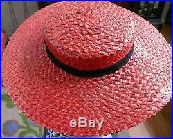 1940`s Red Straw Hat with Black tie on detail Beresford design