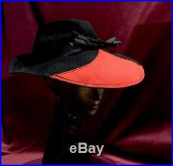 1940s 40s Fedora Tilt Hat Black Felt Red Suede Vintage Wide Brim