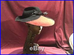 1940s 40s Fedora Tilt Hat Black Felt Red Suede Vintage Wide Brim