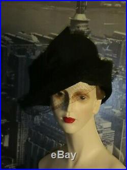 1940s/40s. Vintage black felt tilt hat. Swing. Landgirl WW11. Sequins netting