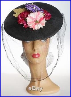 1940s Absolutely Stunning Vibrant Florals Hat with Face Veil & Snood Feature