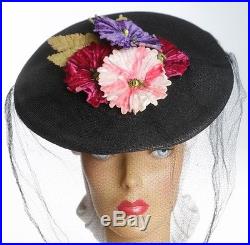 1940s Absolutely Stunning Vibrant Florals Hat with Face Veil & Snood Feature
