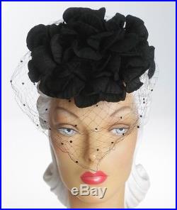 1940s Adorable Black Felt Petals Hat with Chenille Dot Face Veil and Back Band
