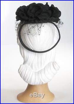 1940s Adorable Black Felt Petals Hat with Chenille Dot Face Veil and Back Band