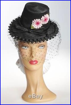 1940s Amazing Black Woven Hat with Dotty Veil & Double Loop Brim & Pink Florals